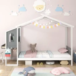 Hausbett mit Schreibtisch & Schubladen & Haken Kinderbett in Hausform mit Lattenrost