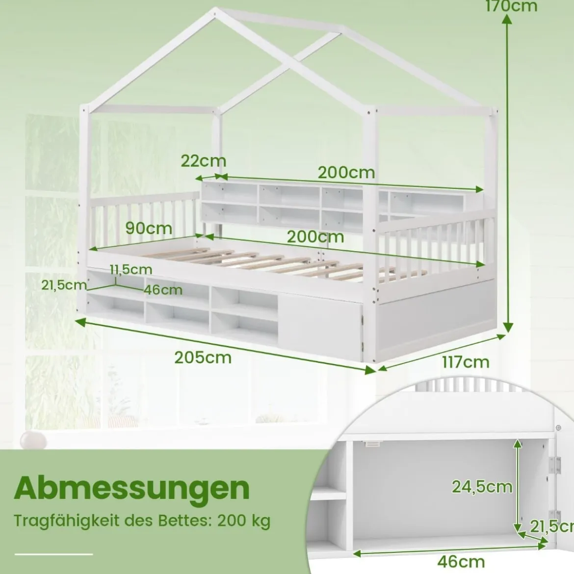 Hausbett 200 x 90 cm Kinderbett in Hausform mit Rausfallschutz & Lattenrost mit 14 Fächern Weiß