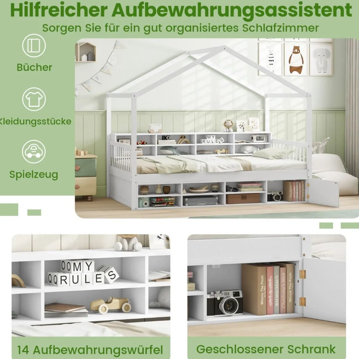 Hausbett 200 x 90 cm Kinderbett in Hausform mit Rausfallschutz & Lattenrost mit 14 Fächern Weiß