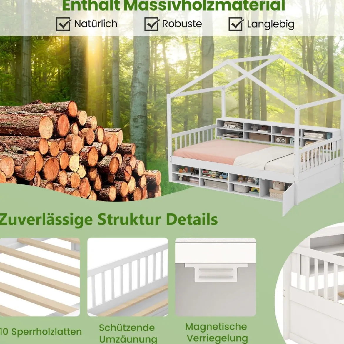 Hausbett 200 x 90 cm Kinderbett in Hausform mit Rausfallschutz & Lattenrost mit 14 Fächern Weiß