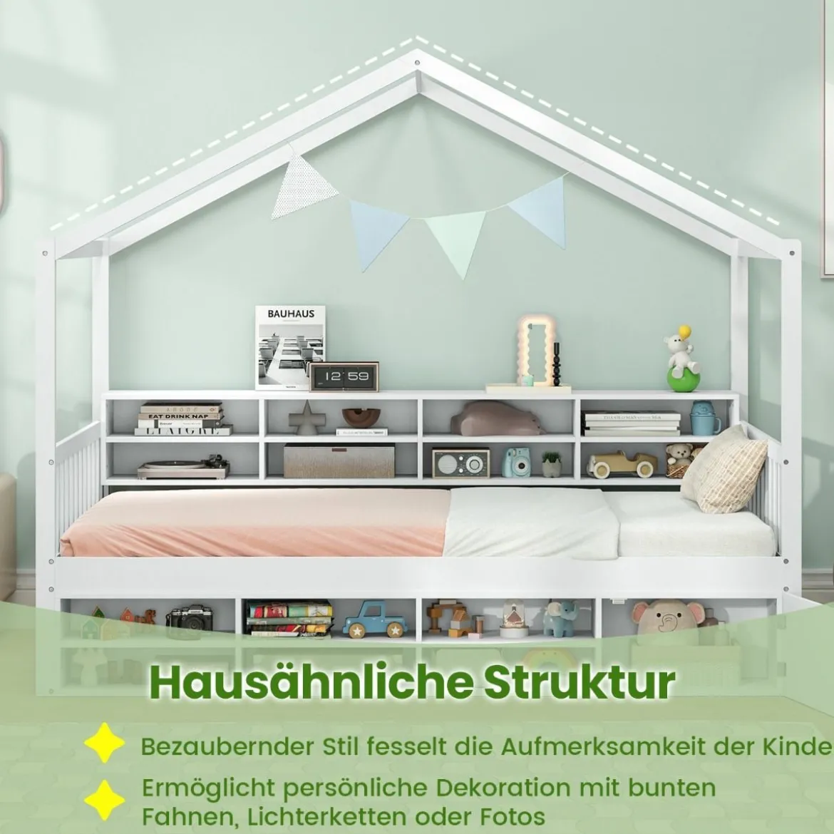 Hausbett 200 x 90 cm Kinderbett in Hausform mit Rausfallschutz & Lattenrost mit 14 Fächern Weiß