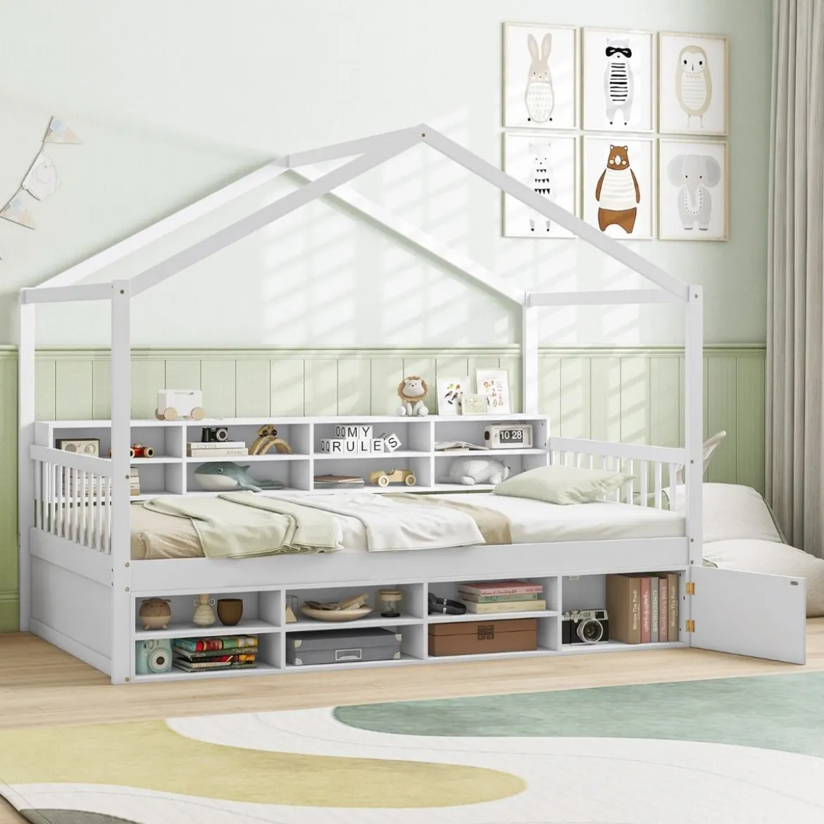 Hausbett 200 x 90 cm Kinderbett in Hausform mit Rausfallschutz & Lattenrost mit 14 Fächern Weiß