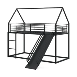 Haus-Etagenbett mit Rutsche niedriges Etagenbettgestell mit Sicherheitsgeländer & Leiter Hochbett 200 x 90 cm Schwarz/Weiß