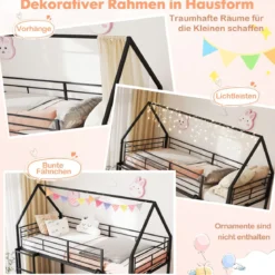 Haus-Etagenbett mit Rutsche niedriges Etagenbettgestell mit Sicherheitsgeländer & Leiter Hochbett 200 x 90 cm Schwarz/Weiß