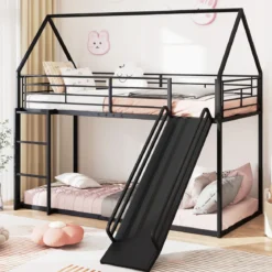 Haus-Etagenbett mit Rutsche niedriges Etagenbettgestell mit Sicherheitsgeländer & Leiter Hochbett 200 x 90 cm Schwarz/Weiß