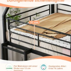 Haus-Etagenbett mit Rutsche niedriges Etagenbettgestell mit Sicherheitsgeländer & Leiter Hochbett 200 x 90 cm Schwarz/Weiß