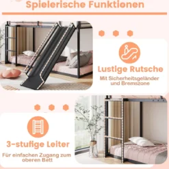 Haus-Etagenbett mit Rutsche niedriges Etagenbettgestell mit Sicherheitsgeländer & Leiter Hochbett 200 x 90 cm Schwarz/Weiß