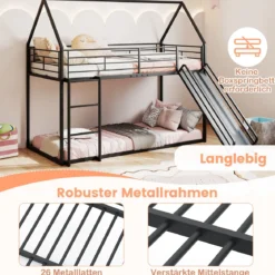 Haus-Etagenbett mit Rutsche niedriges Etagenbettgestell mit Sicherheitsgeländer & Leiter Hochbett 200 x 90 cm Schwarz/Weiß