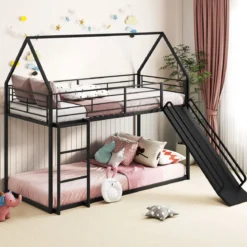 Haus-Etagenbett mit Rutsche niedriges Etagenbettgestell mit Sicherheitsgeländer & Leiter Hochbett 200 x 90 cm Schwarz/Weiß