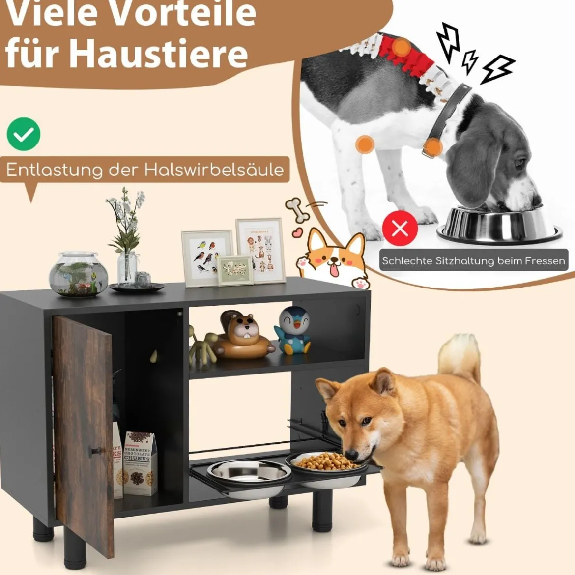 Haustier-Futterschrank mit 2 Edelstahlnäpfen Ausziehbare & höhenverstellbare Futterstation Braun