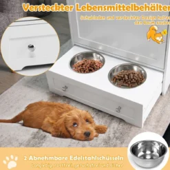 Haustier-Futterstation aus Holz zum Füttern und Tränken mit Edelstahlnapf & Aufhängern Weiß
