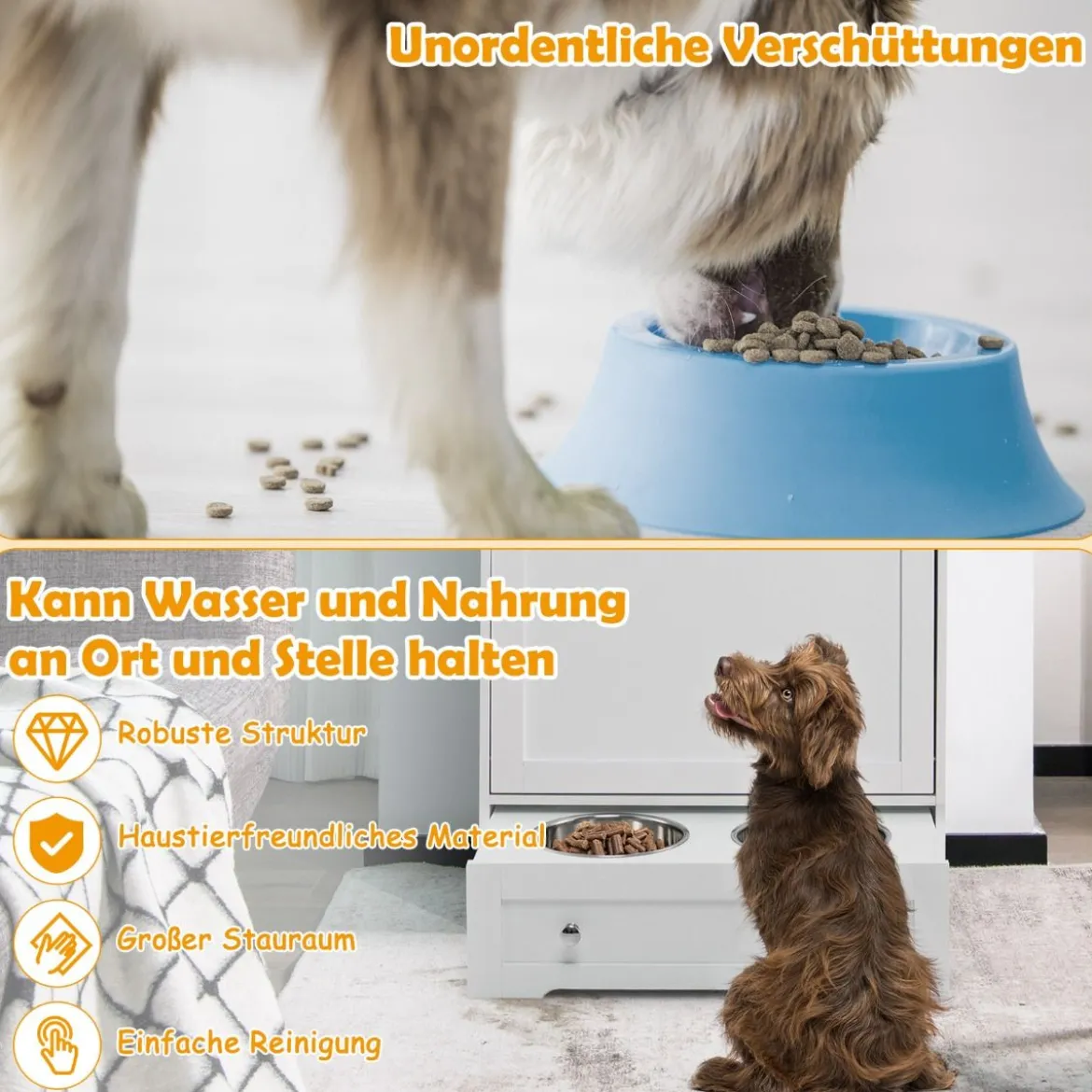 Haustier-Futterstation aus Holz zum Füttern und Tränken mit Edelstahlnapf & Aufhängern Weiß
