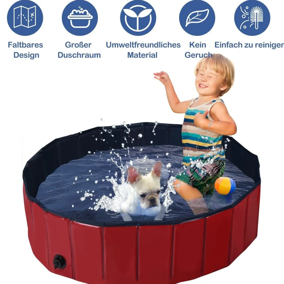 Haustier Pool Tragbarer Haustier Swimmingpool Faltbare Badewanne Pool für Hunde Katzen Kinder Rot