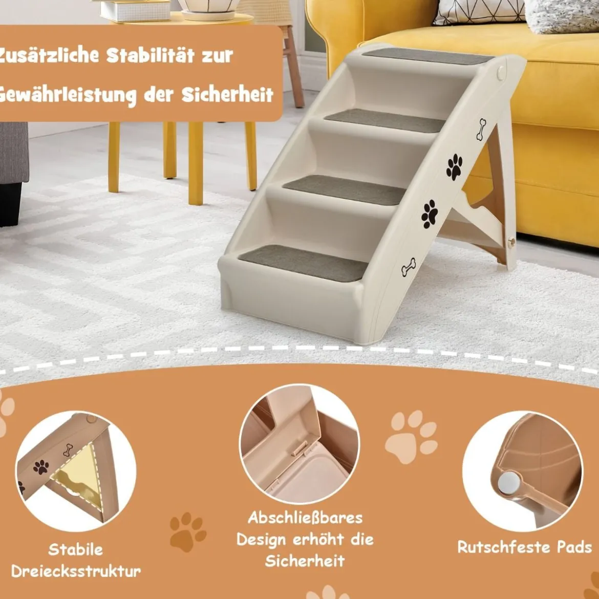 Haustiertreppe mit 4 Stufen Tragbare Kletterleiter Sichere Hunderampe 62,5 x 38 x 49 cm Braun