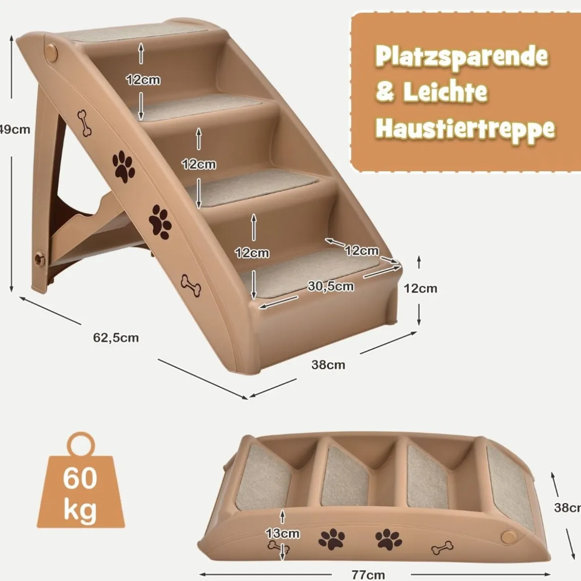 Haustiertreppe mit 4 Stufen Tragbare Kletterleiter Sichere Hunderampe 62,5 x 38 x 49 cm Braun