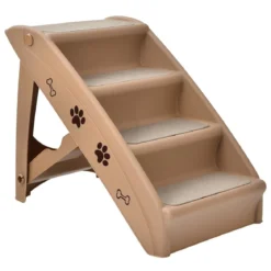 Haustiertreppe mit 4 Stufen Tragbare Kletterleiter Sichere Hunderampe 62,5 x 38 x 49 cm Braun