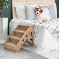 Haustiertreppe mit 4 Stufen Tragbare Kletterleiter Sichere Hunderampe 62,5 x 38 x 49 cm Braun