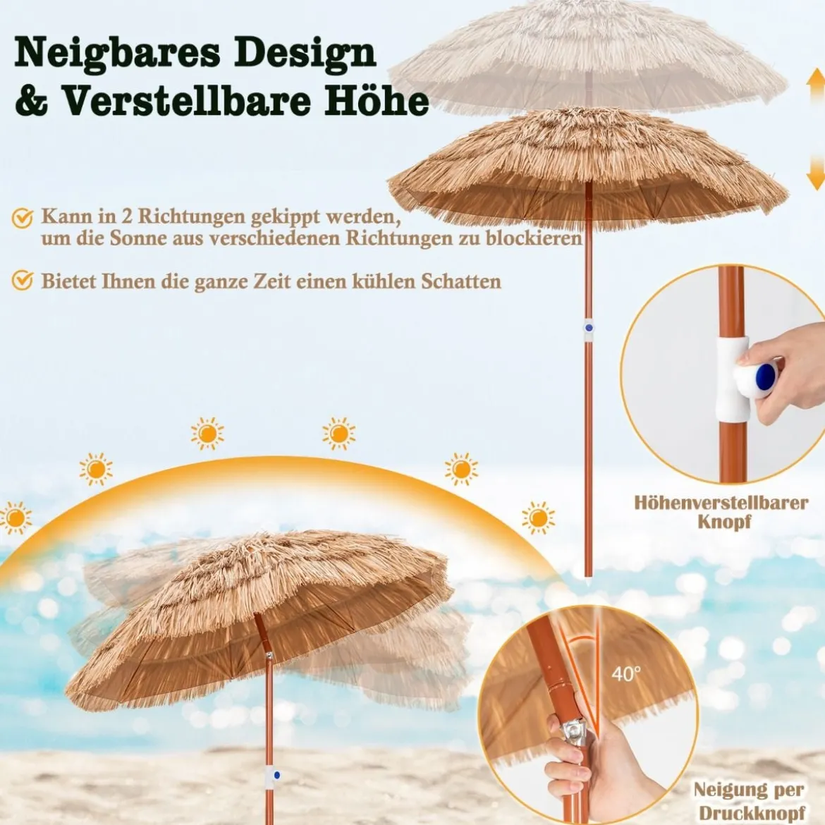 Hawaiianischer Strandschirm mit Tragetasche & Neigbarem Design Tischschirm 175 cm