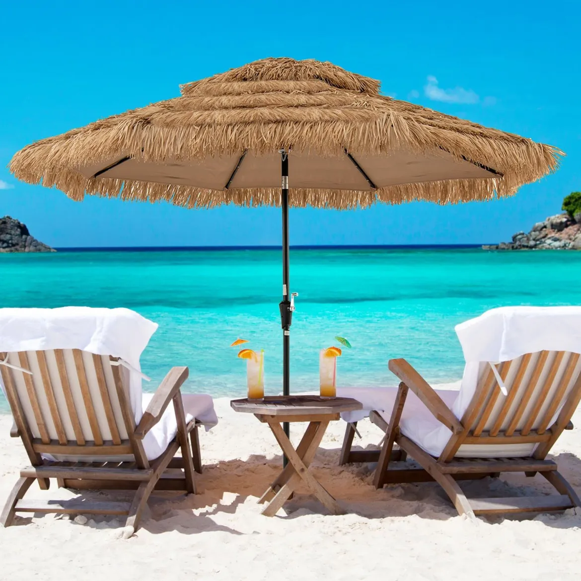 Hawaii Sonnenschirm 300 cm mit 32 LED Beleuchtung Reisstroh Strandschirm mit Neigungsfunktion