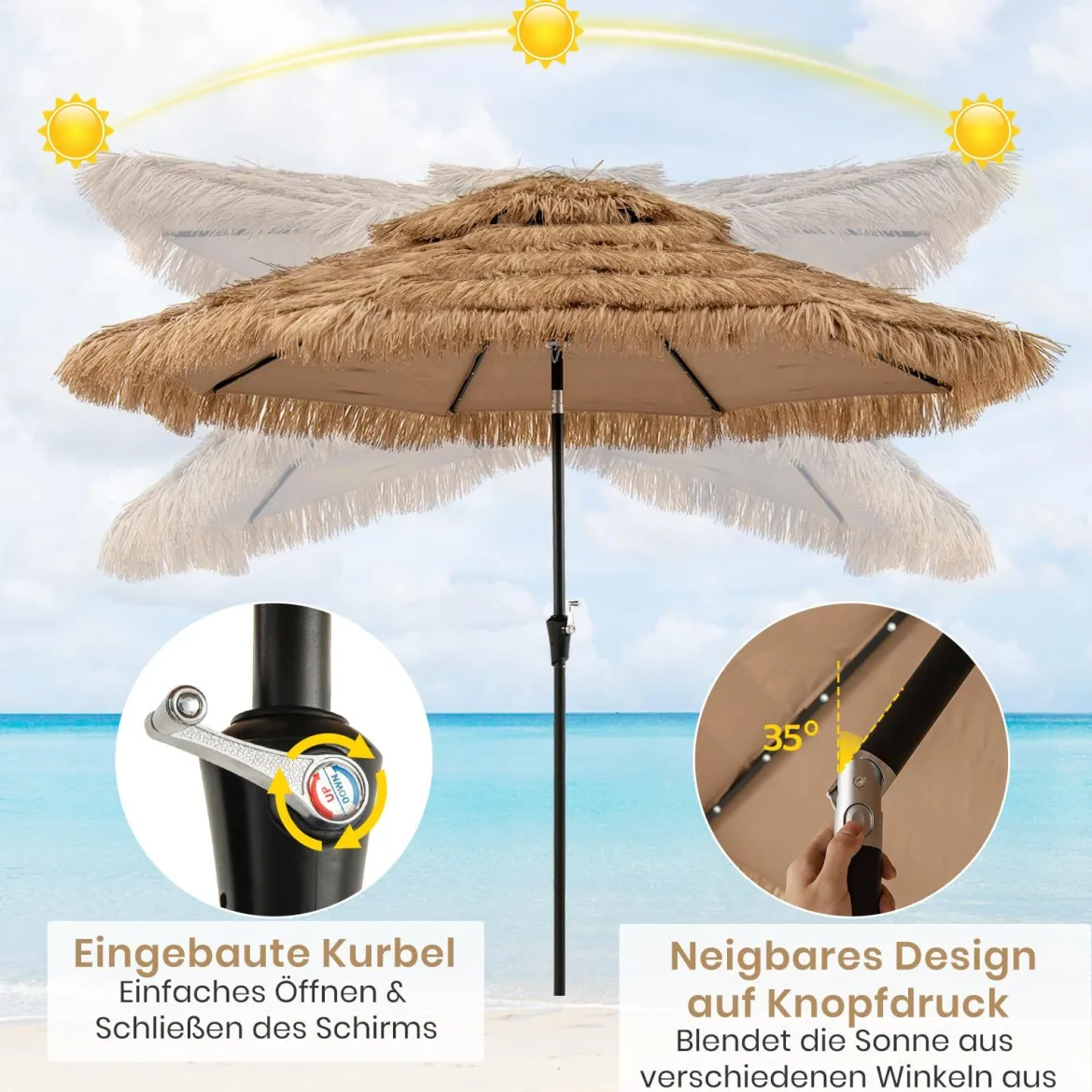 Hawaii Sonnenschirm 300 cm mit 32 LED Beleuchtung Reisstroh Strandschirm mit Neigungsfunktion