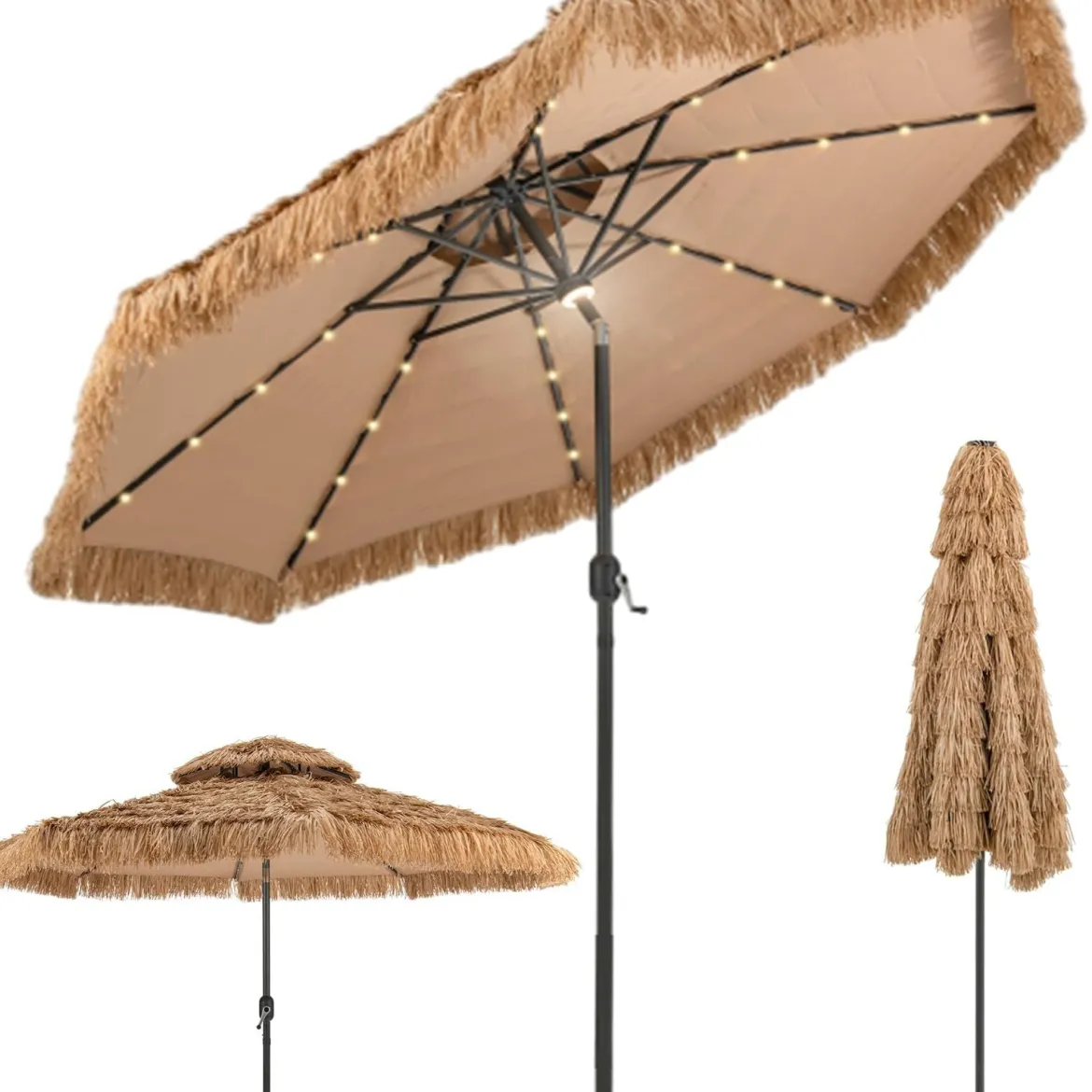 Hawaii Sonnenschirm 300 cm mit 32 LED Beleuchtung Reisstroh Strandschirm mit Neigungsfunktion