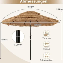 Hawaii Sonnenschirm 300 cm mit 32 LED Beleuchtung Reisstroh Strandschirm mit Neigungsfunktion
