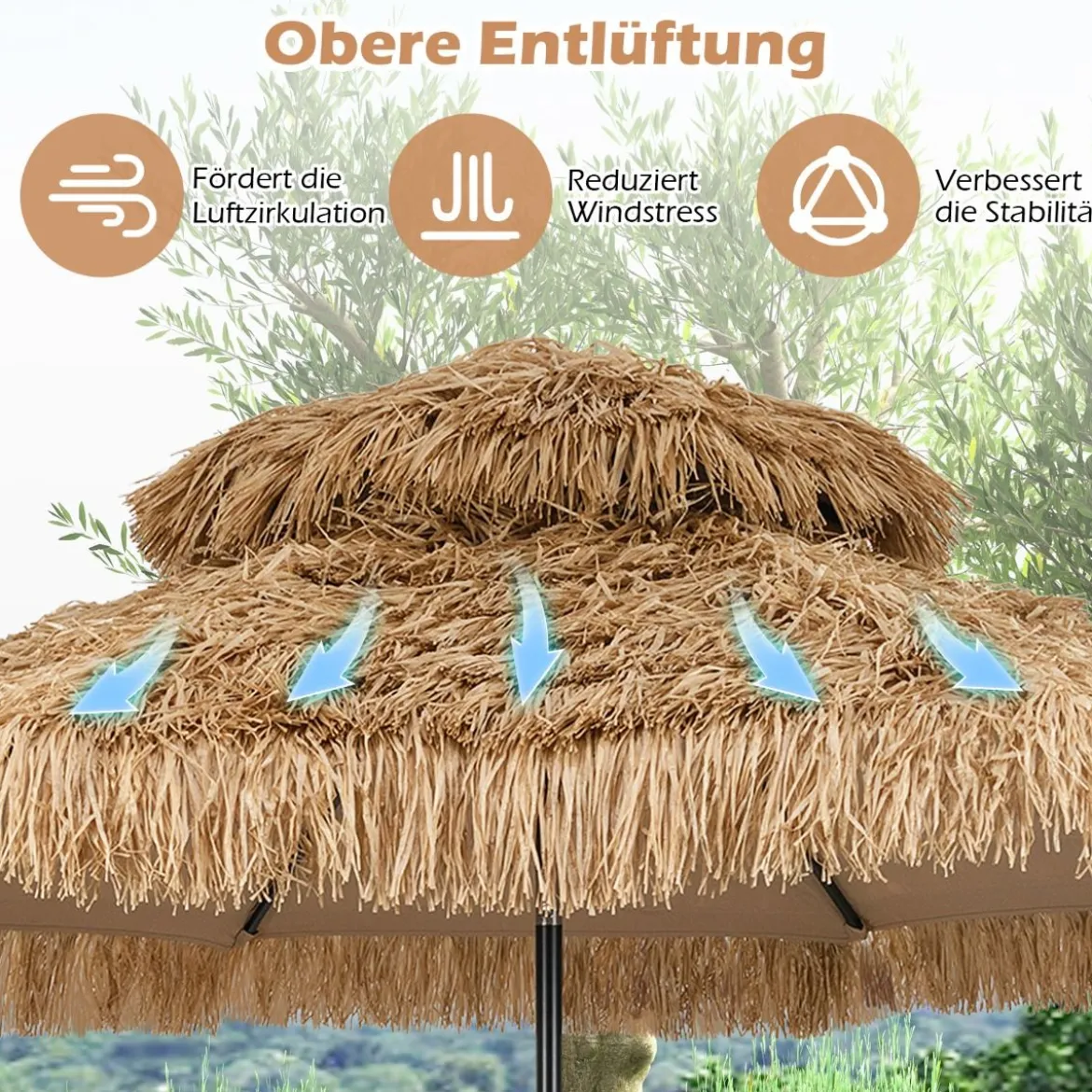 Hawaii Sonnenschirm mit Doppeldach Neigbarer Strohschirm Gartenschirm Stroh Strandschirm