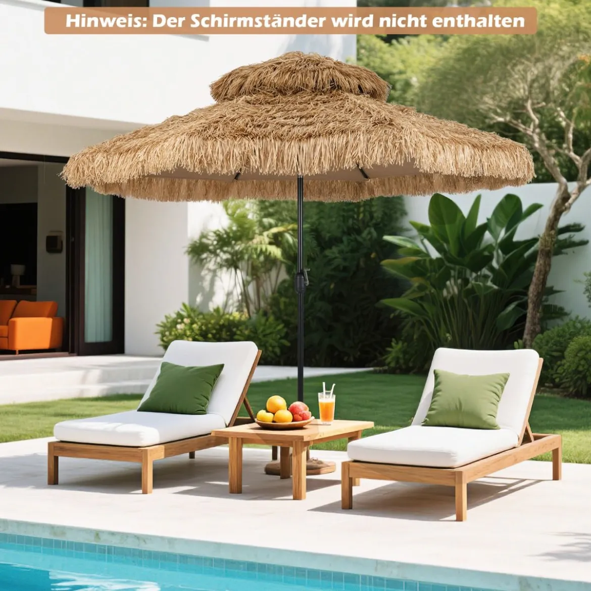 Hawaii Sonnenschirm mit Doppeldach Neigbarer Strohschirm Gartenschirm Stroh Strandschirm