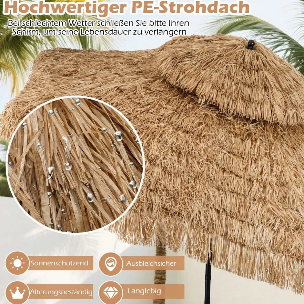 Hawaii Sonnenschirm mit Doppeldach Neigbarer Strohschirm Gartenschirm Stroh Strandschirm
