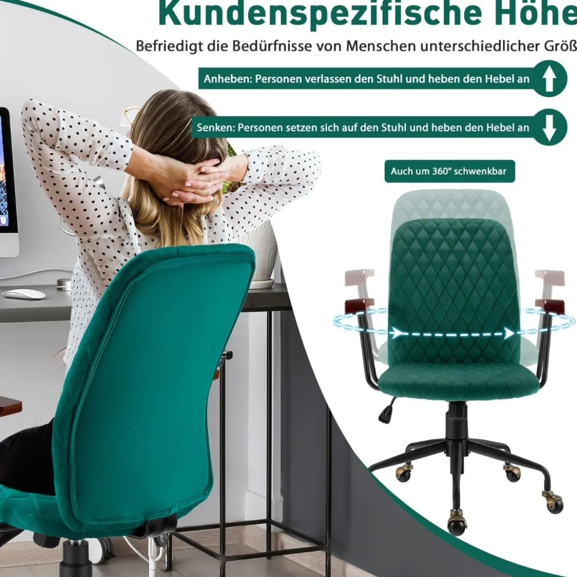 Heimbürostuhl Computerstuhl aus Samt Verstellbarer Drehstuhl für Heimbüro Samtsessel Grün