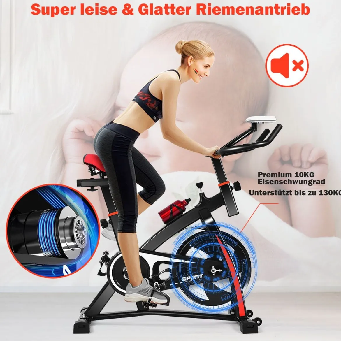 Heimtrainer Trainingsfahrrad 10kg Schwungrad Verstellbarer Fitnessbike Schwarz und Rot