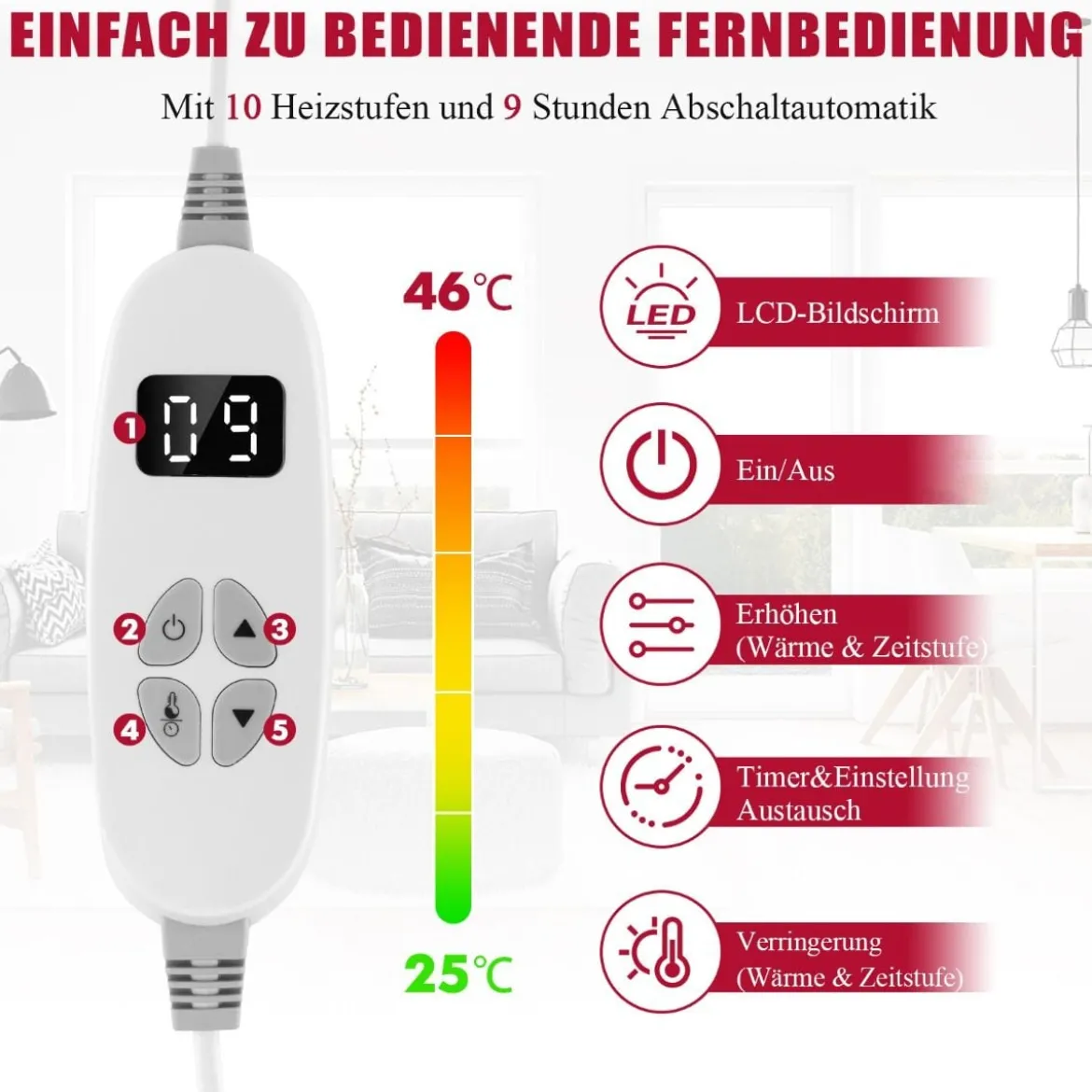 Heizdecke 9 Heizstufen 20-46℃ Elektrische Überwurfdecke Elektrische Wärmedecke Rot