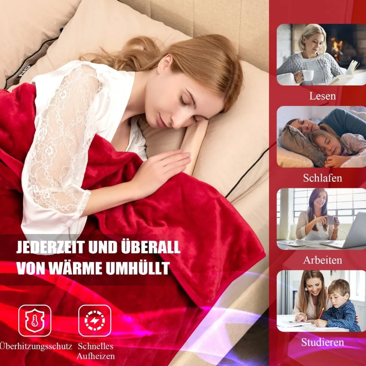 Heizdecke 9 Heizstufen 20-46℃ Elektrische Überwurfdecke Elektrische Wärmedecke Rot