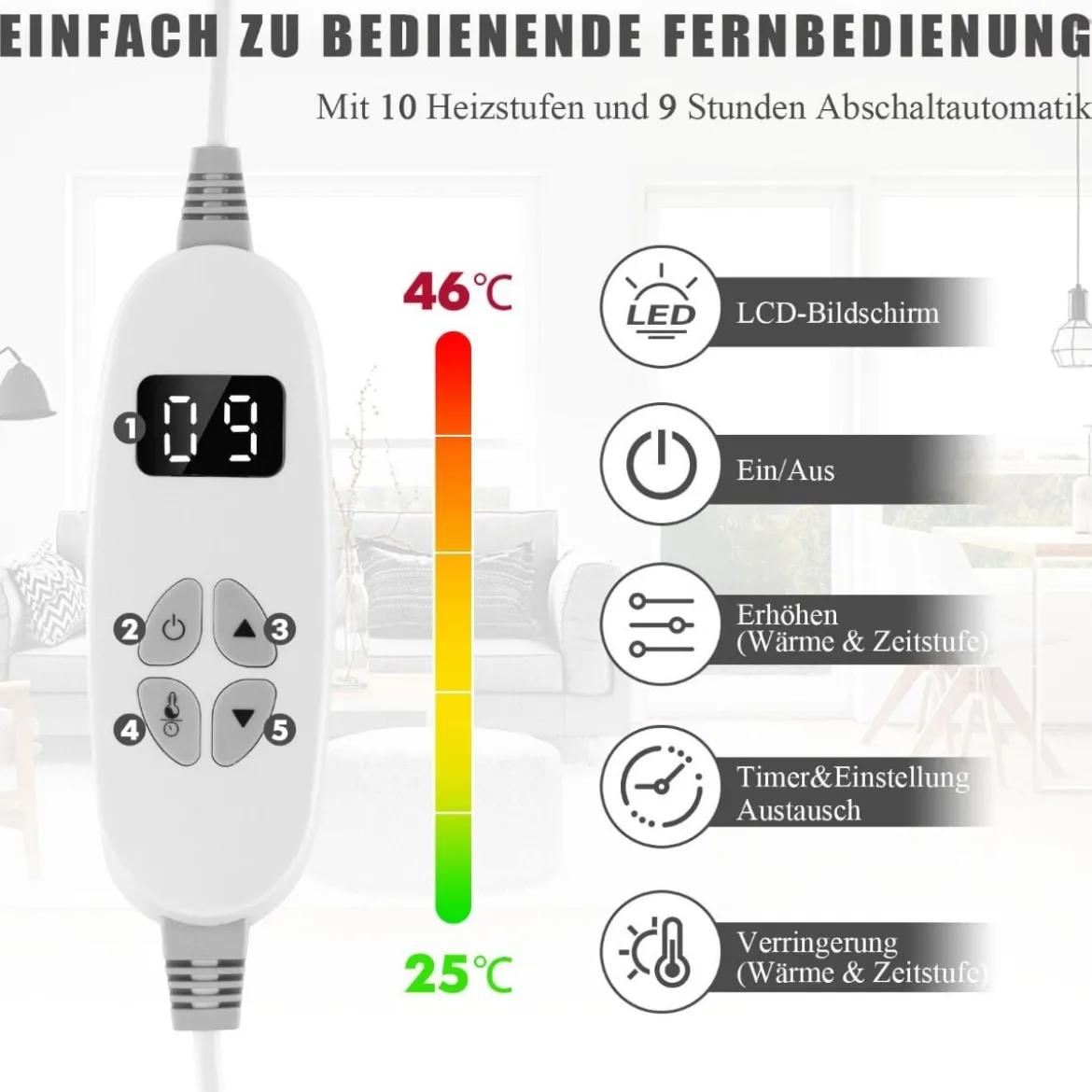 Heizdecke 9 Heizstufen 20-46℃ Elektrische Überwurfdecke Elektrische Wärmedecke Grau
