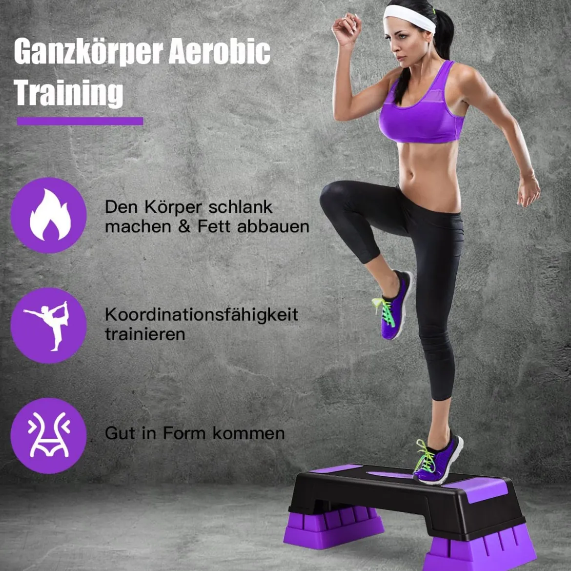 Höhenverstellbarer Aerobic Stepper mit 3 Stufen 12 / 17 / 22 cm Fitness Stepper Lila