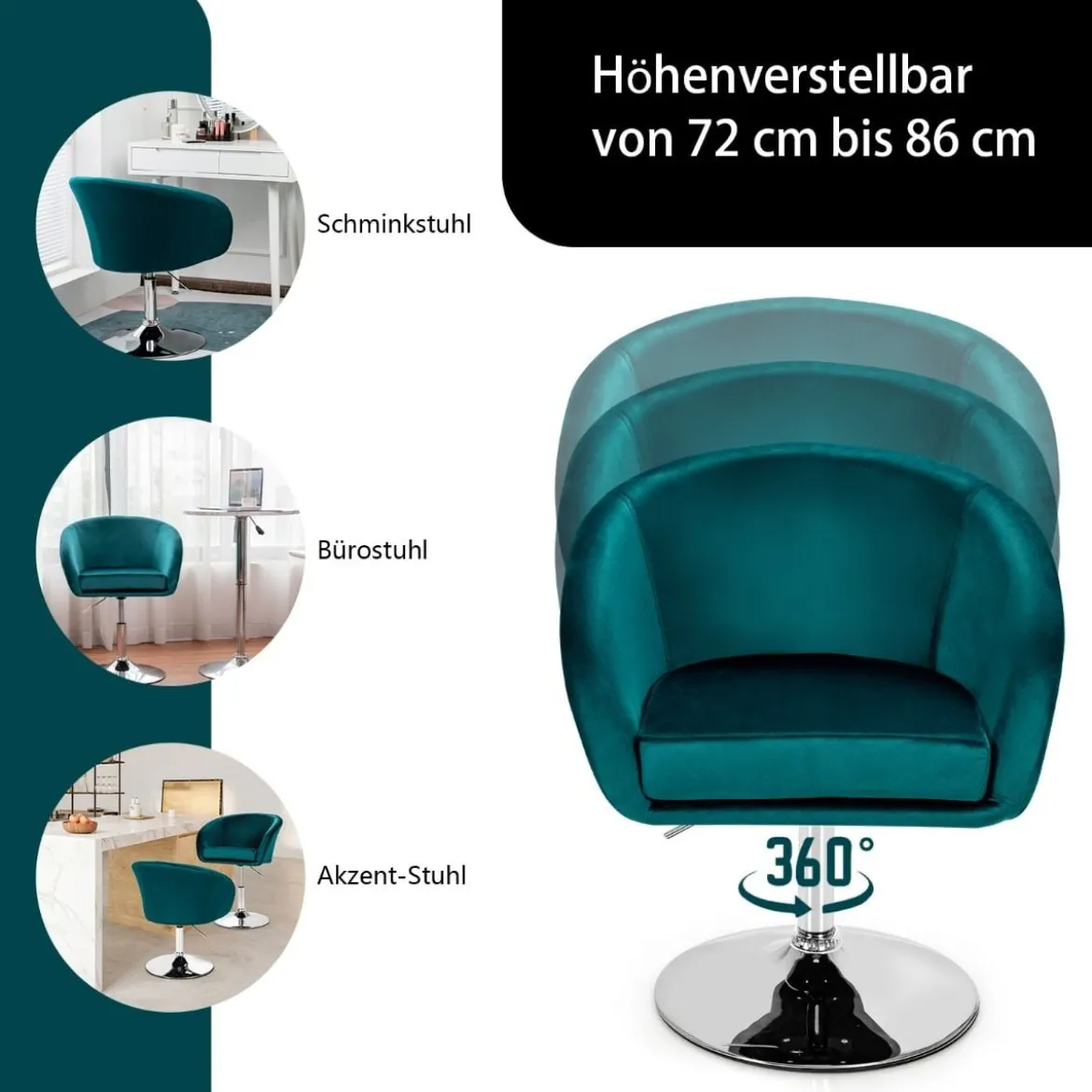Höhenverstellbarer Akzentstuhl mit Runder Rückenlehne 360°Drehbarer Polsterstuhl Grün