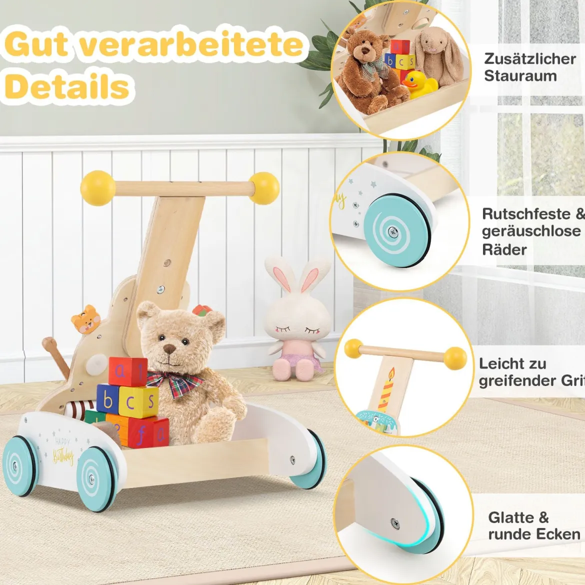 Höhenverstellbarer Baby Walker mit Aktivitätszentrum Holz Lauflernwagen Montessori Laufspielzeug