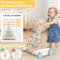 Höhenverstellbarer Baby Walker mit Aktivitätszentrum Holz Lauflernwagen Montessori Laufspielzeug