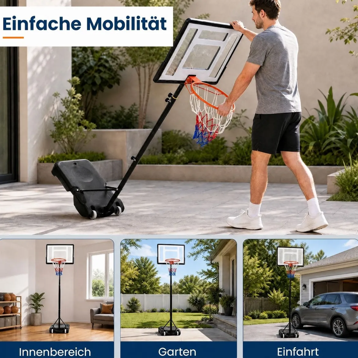 Höhenverstellbarer Basketballständer mit Rollen Handkurbel & Befüllbarer Basis 155-210 cm