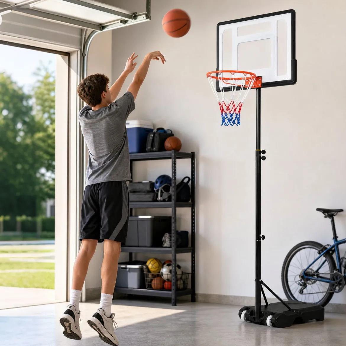 Höhenverstellbarer Basketballständer mit Rollen Handkurbel & Befüllbarer Basis 155-210 cm