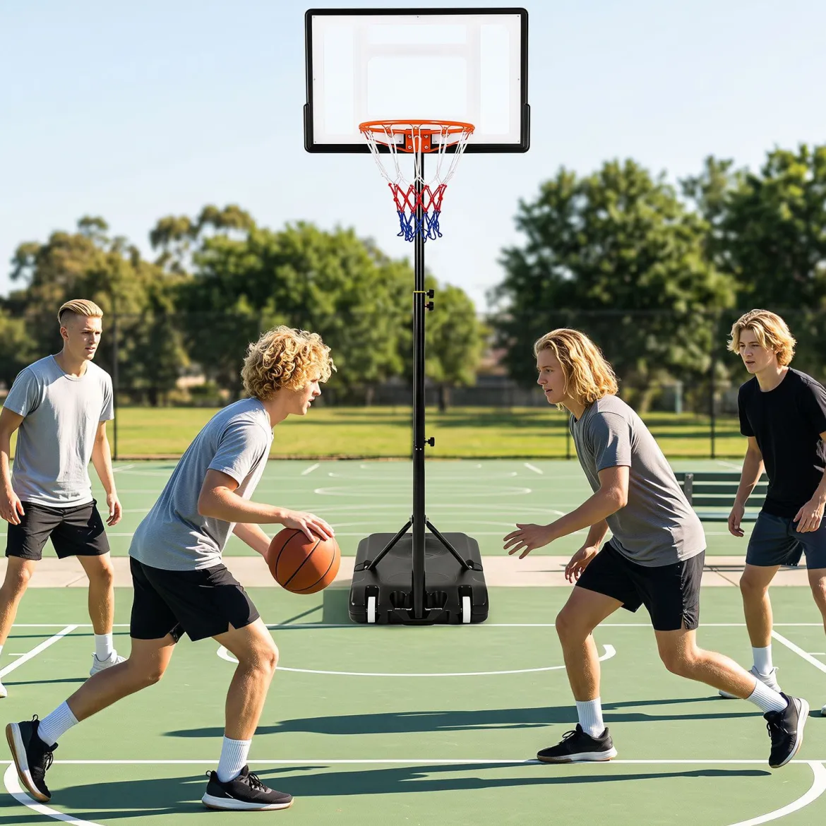 Höhenverstellbarer Basketballständer mit Rollen Handkurbel & Befüllbarer Basis 155-210 cm