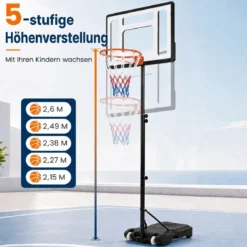Höhenverstellbarer Basketballständer mit Rollen Handkurbel & Befüllbarer Basis 155-210 cm