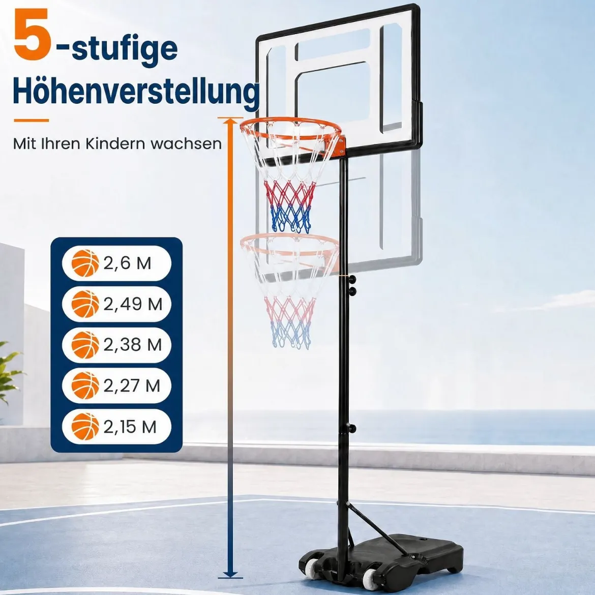 Höhenverstellbarer Basketballständer mit Rollen Handkurbel & Befüllbarer Basis 155-210 cm