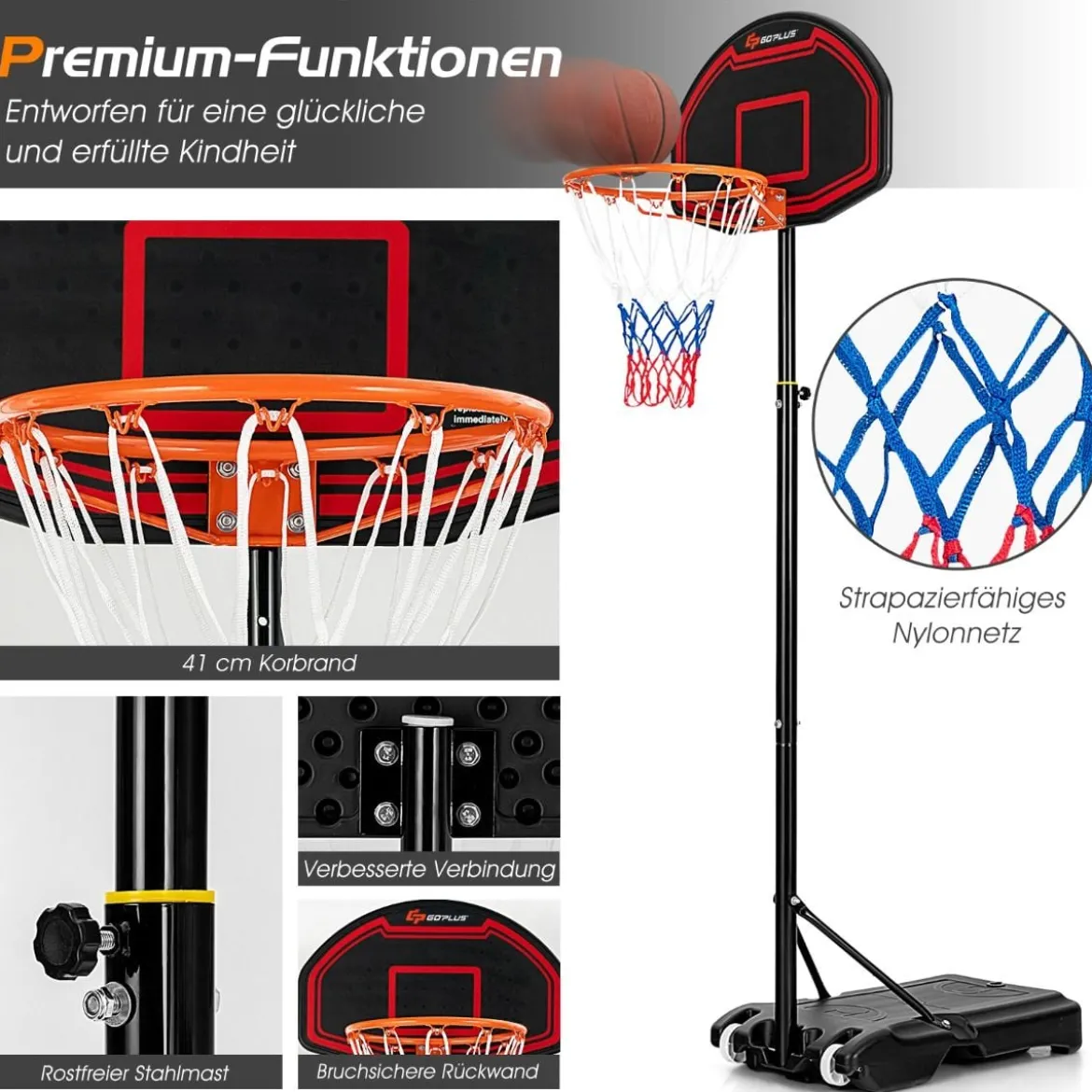 Höhenverstellbarer Basketballständer für Kinder für den Innen- und AußenbereichSchwarz + Rot