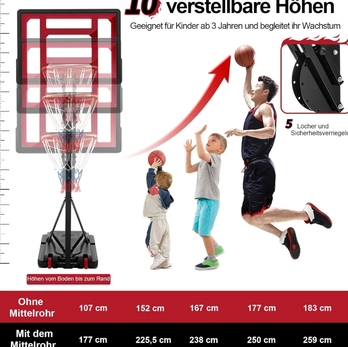 Höhenverstellbarer Basketballständer Basketballkorb mit Rollen 105-260 cm Schwarz
