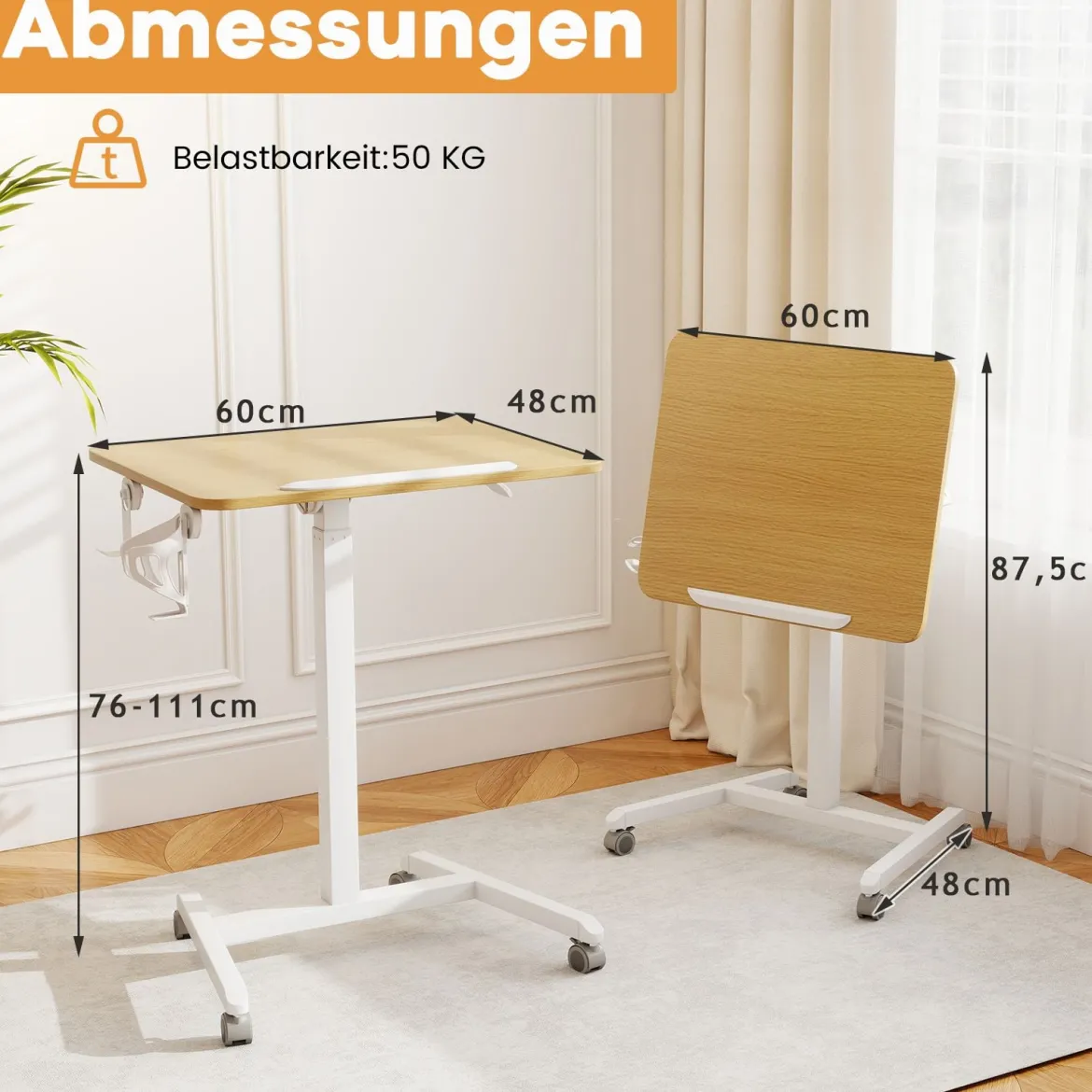 Höhenverstellbarer Beistelltisch mit Rollen & 90° Neigbarer Tischplatte Pflegetisch Betttisch