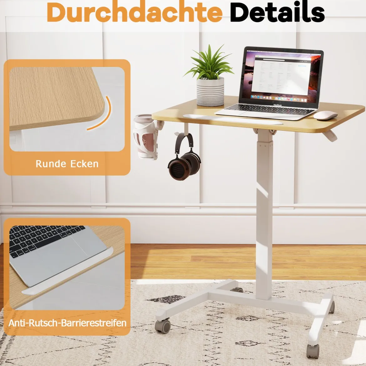 Höhenverstellbarer Beistelltisch mit Rollen & 90° Neigbarer Tischplatte Pflegetisch Betttisch