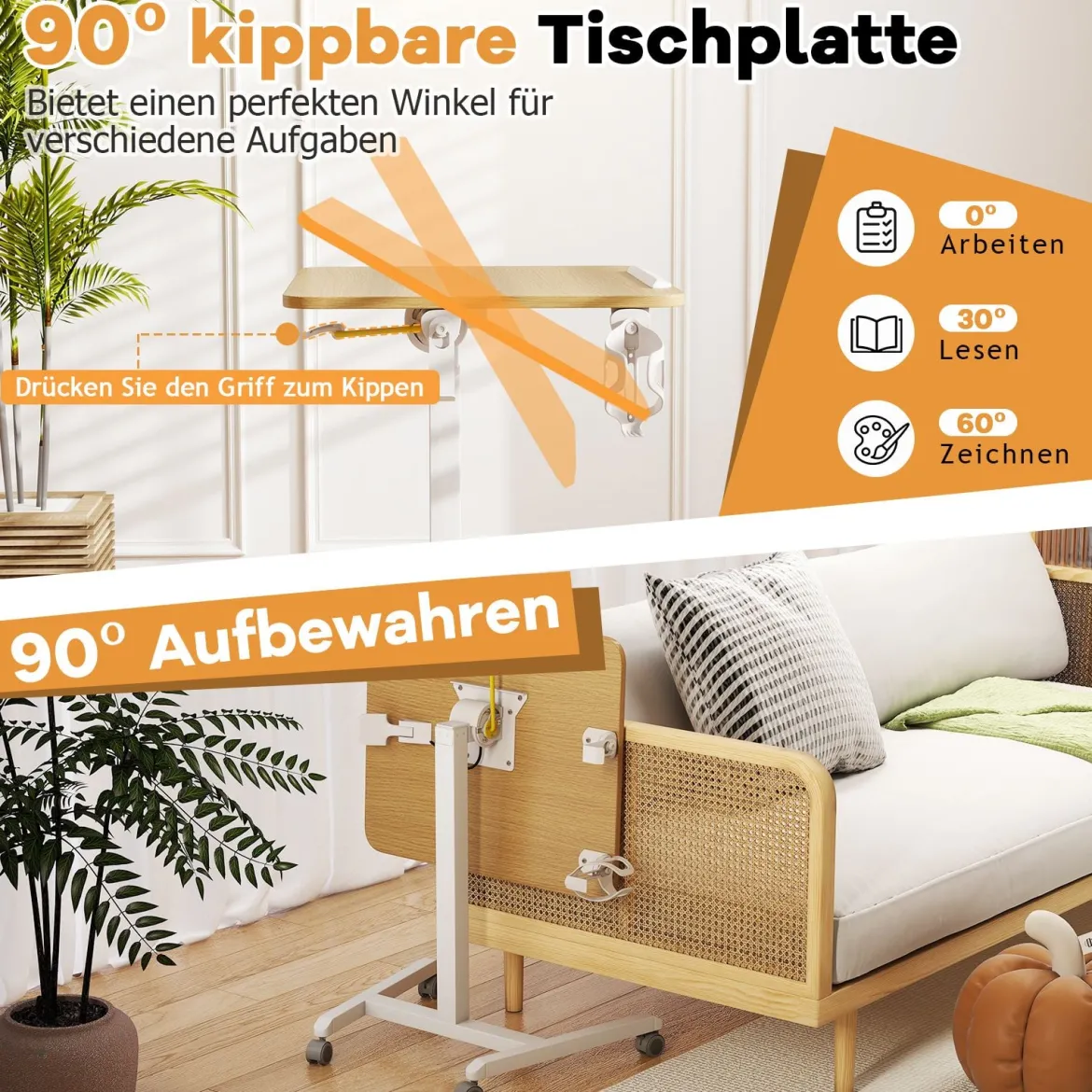 Höhenverstellbarer Beistelltisch mit Rollen & 90° Neigbarer Tischplatte Pflegetisch Betttisch