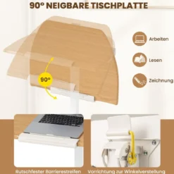Höhenverstellbarer Beistelltisch mit 90° Neigbarer Tischplatte & Rollen Stehtisch Klappbares Stehpult