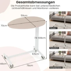 Höhenverstellbarer Beistelltisch mit Rollen Mobiler Laptoptisch 74–108 cm Rosa + Weiß statische Belastung bis zu 75 kg
